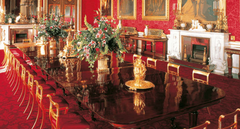 Dining hall with big table and many seats